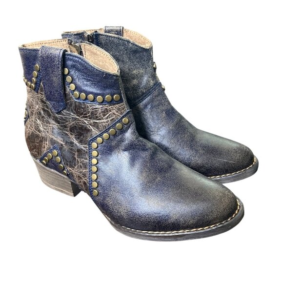 Circle G  Studded Star Inlay Ankle Boot Western Blue Brown Womens Size 6.5 - Picture 1 of 9
